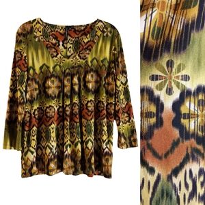 Susan Lawrence XL boho tribal v-neck top orange green stretchy hippie